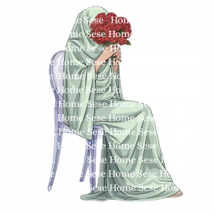 Visage caché : Femme abaya verte bouquet de fleurs